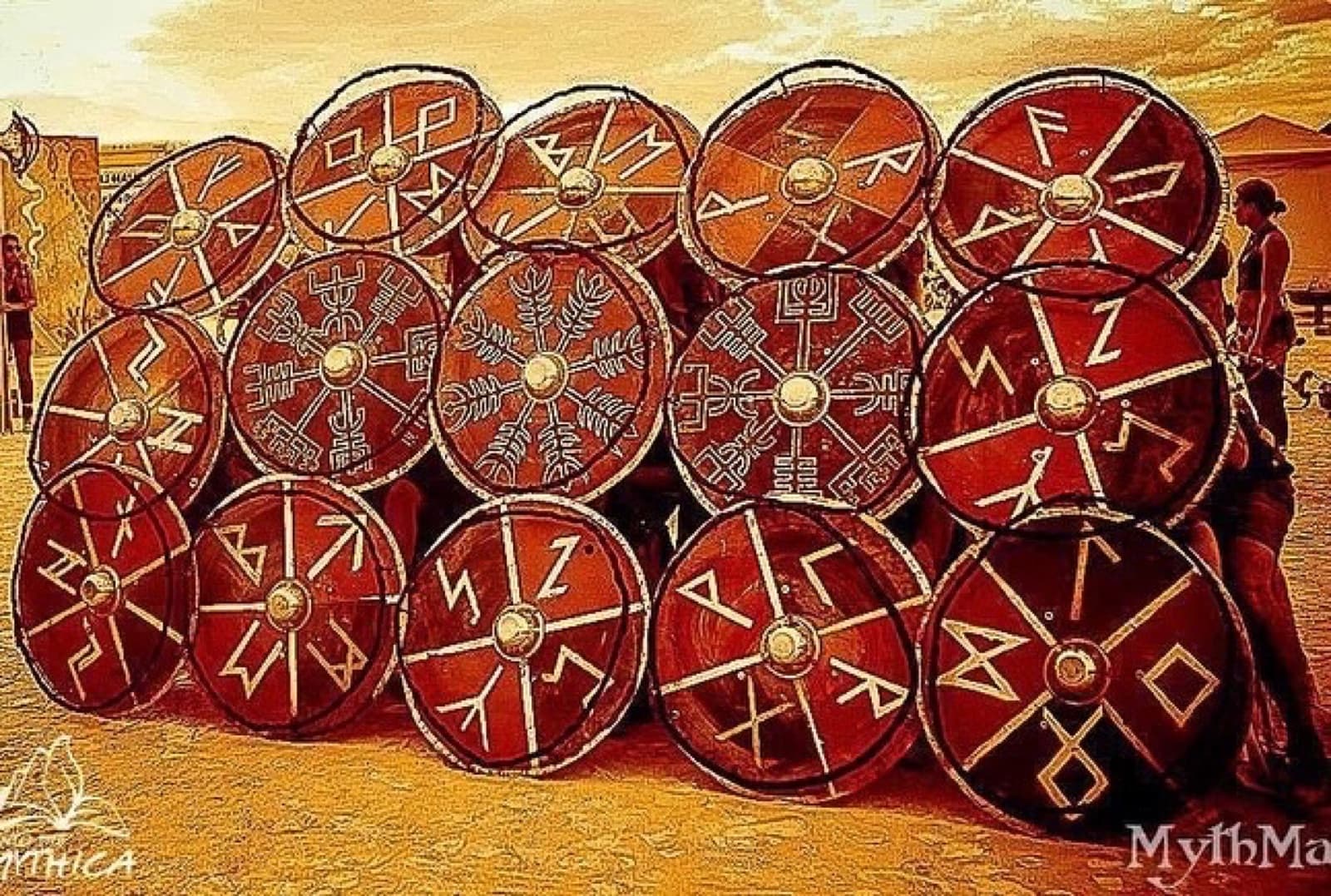 A wall of hand-painted Norse rune shields